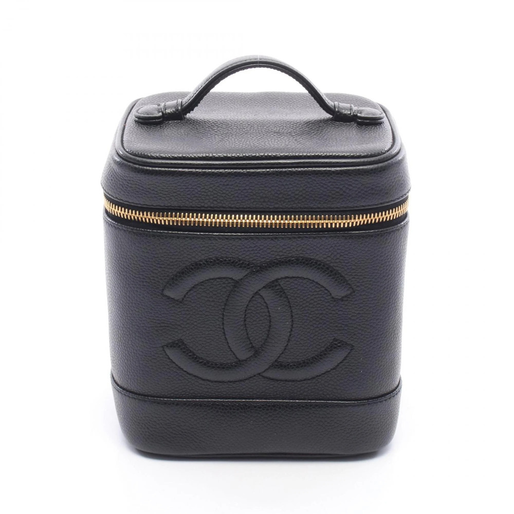 CHANEL Black Caviar Leather Logo Vanity Bag